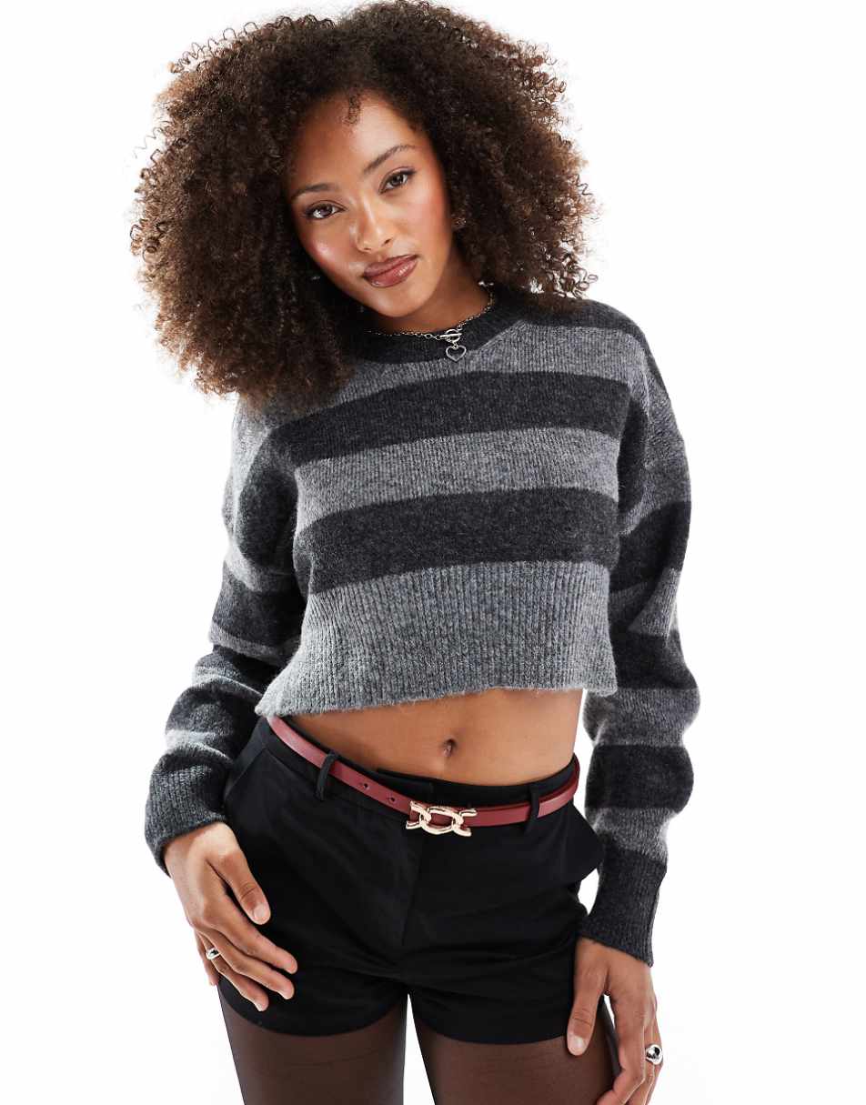 ASOS DESIGN crop crew neck sweater with split hemline in stripe