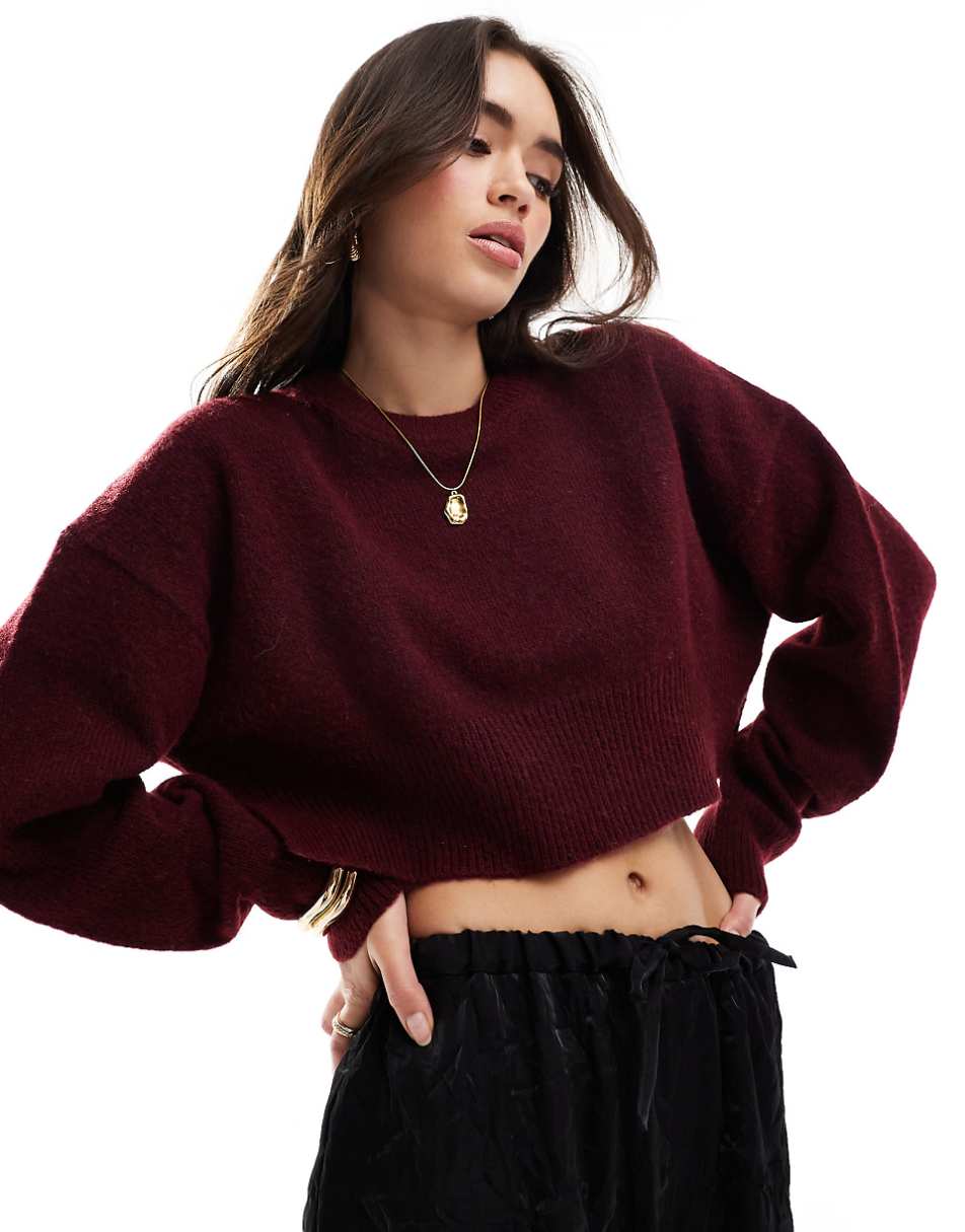 ASOS DESIGN crop crew neck sweater with split hemline in burgundy