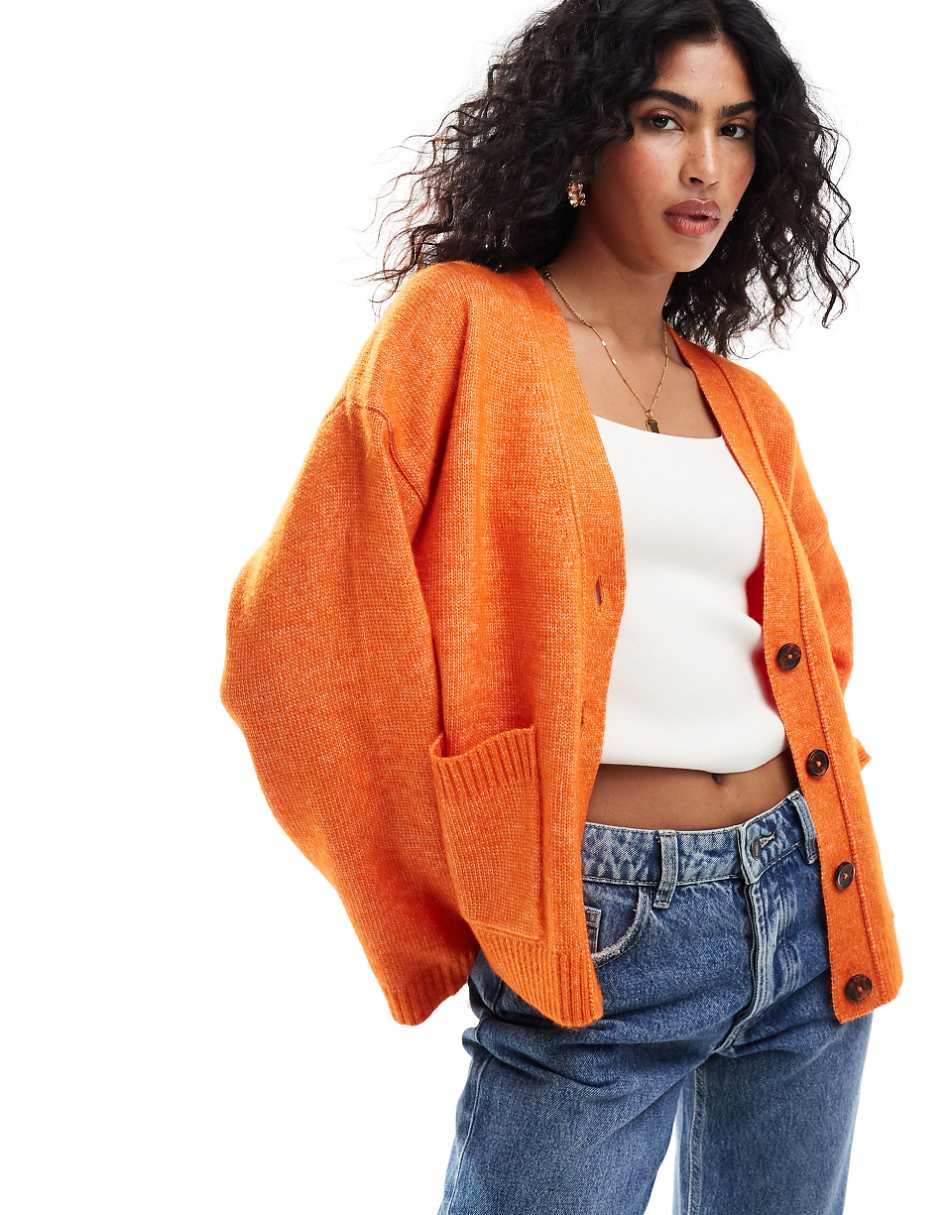 ASOS DESIGN boxy cardigan with v neck and pocket detail in orange