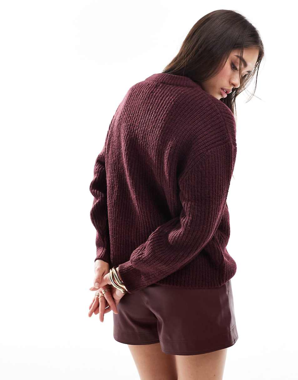 ASOS DESIGN chunky crew neck rib sweater in burgundy