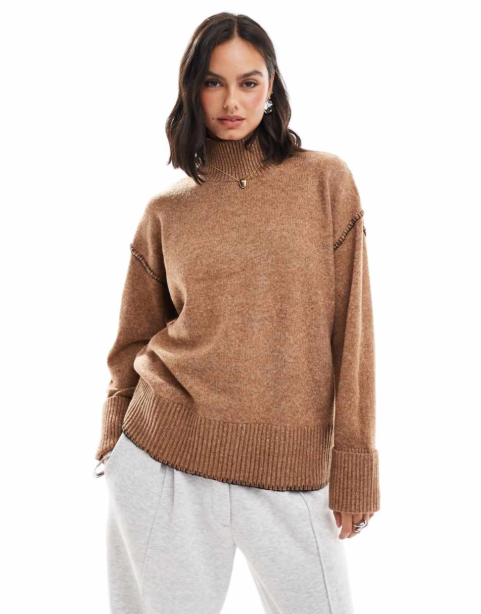 ASOS DESIGN knitted high neck sweater with turn back cuffs with contrast stitch in camel