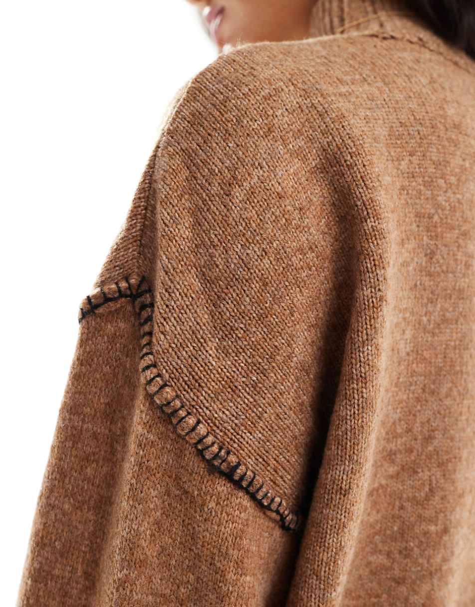 ASOS DESIGN knitted high neck sweater with turn back cuffs with contrast stitch in camel