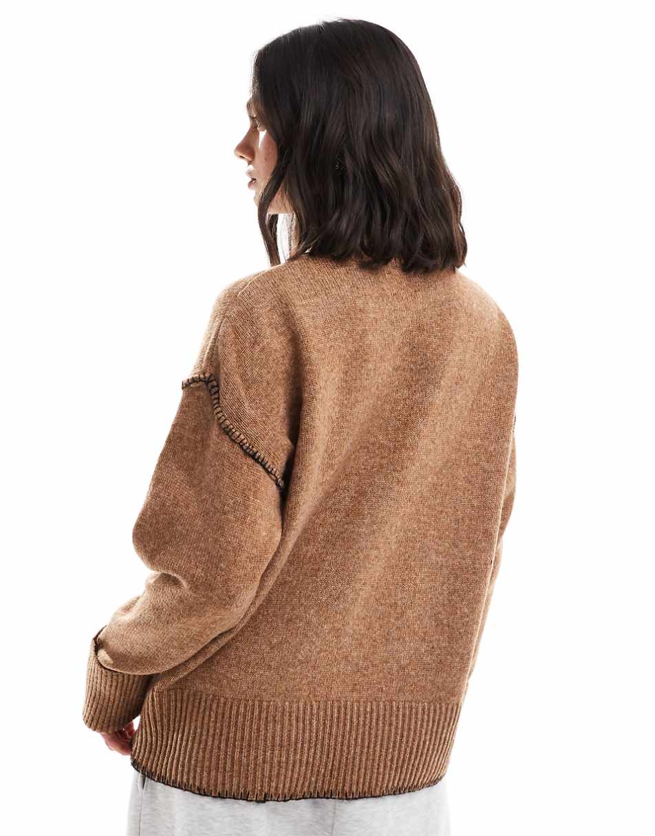 ASOS DESIGN knitted high neck sweater with turn back cuffs with contrast stitch in camel