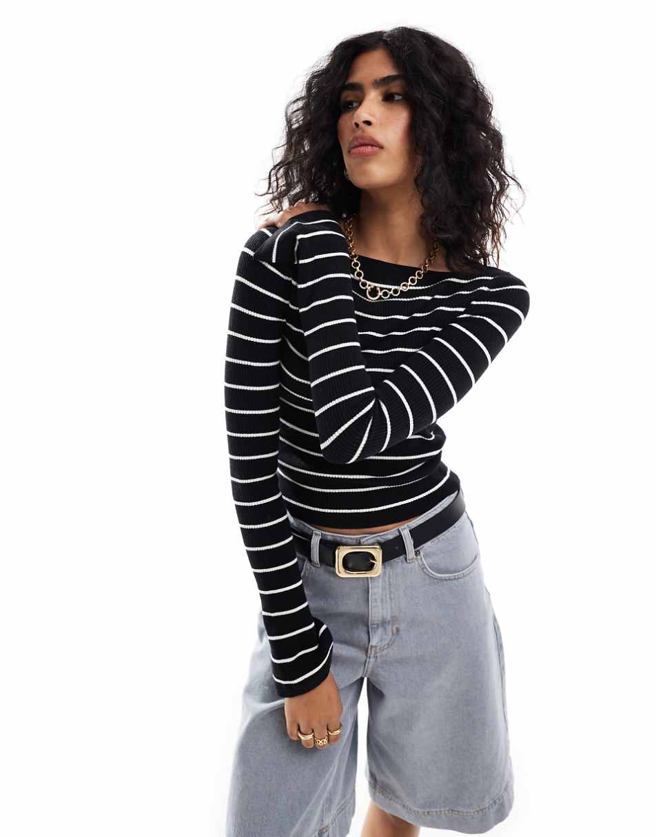 ASOS DESIGN knitted top with boat neck in stripe