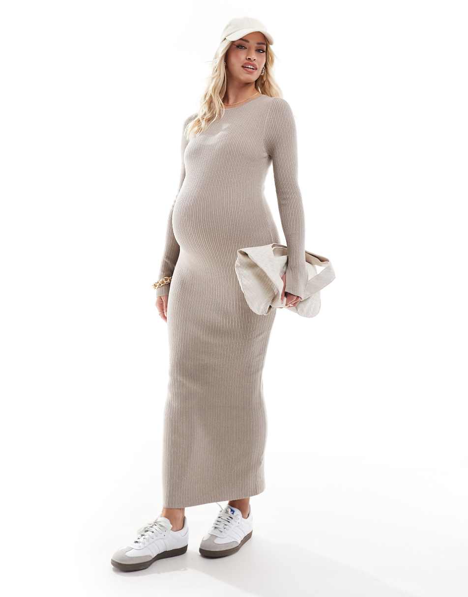 ASOS DESIGN Maternity knitted crew neck maxi dress with cuff splits in stone