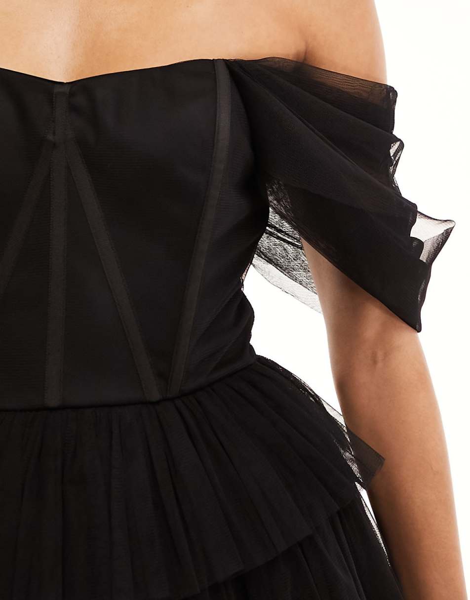 Lace & Beads off-shoulder corset tulle mini dress in black