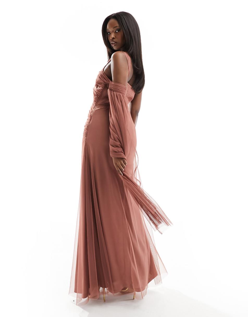 Lace & Beads asymmetric tulle midaxi dress in rose brown