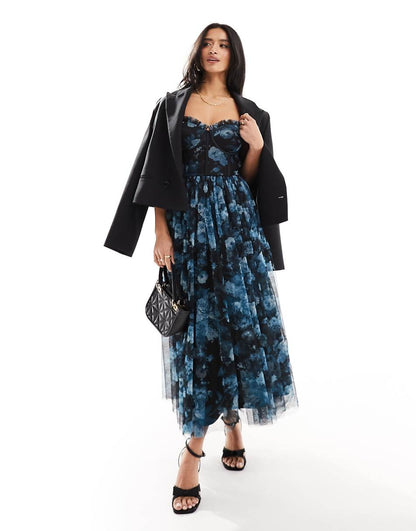 Lace & Beads Petite corset midi dress in blue floral
