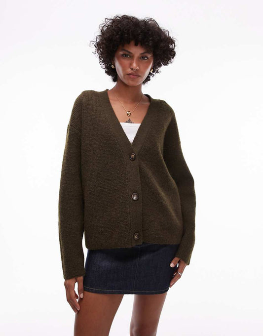 Topshop knit easy clean ribbed detail relaxed cardigan in khaki