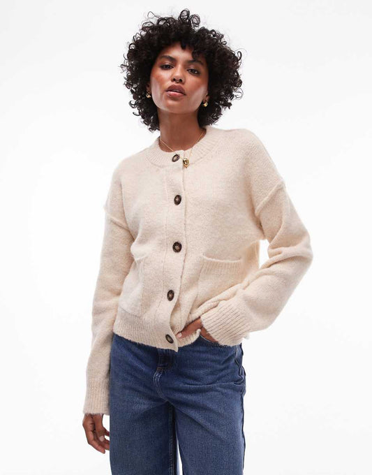 Topshop knitted exposed seam crew cardi with pockets in cream