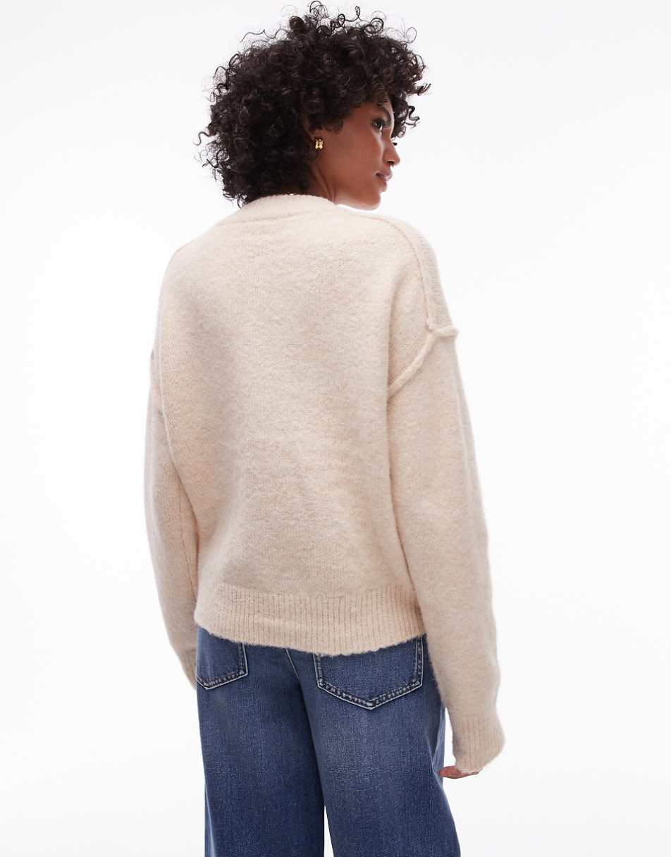 Topshop knitted exposed seam crew cardi with pockets in cream