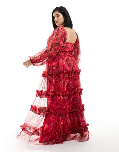 Lace and Beads Plus long sleeve tulle ruffle maxi dress in pink and red floral