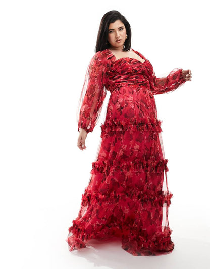 Lace and Beads Plus long sleeve tulle ruffle maxi dress in pink and red floral