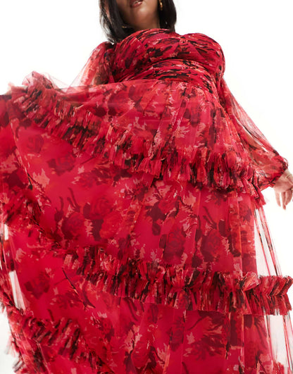 Lace and Beads Plus long sleeve tulle ruffle maxi dress in pink and red floral