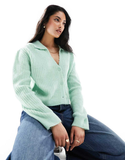 ASOS DESIGN rib crop cardigan with collar detail in sage