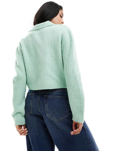 ASOS DESIGN rib crop cardigan with collar detail in sage