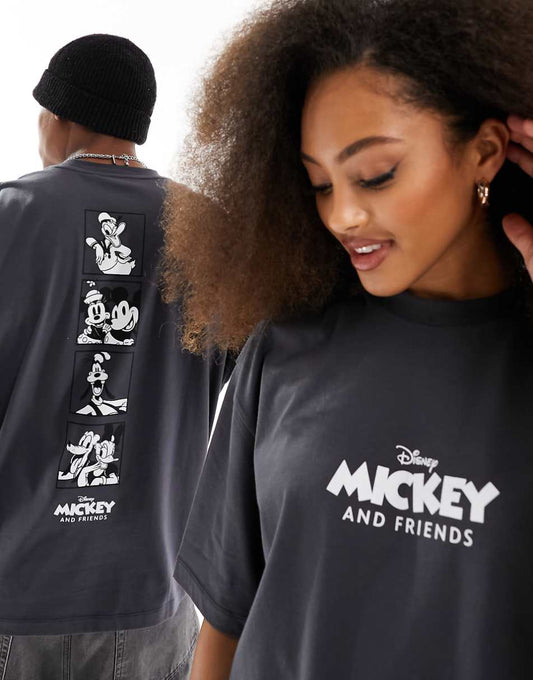 ASOS DESIGN Disney oversized unisex tee in charcoal with Mickey Mouse and friends spine print