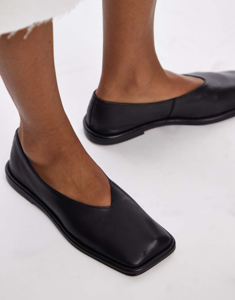 Topshop Charlotte leather square toe unlined flat shoes in black