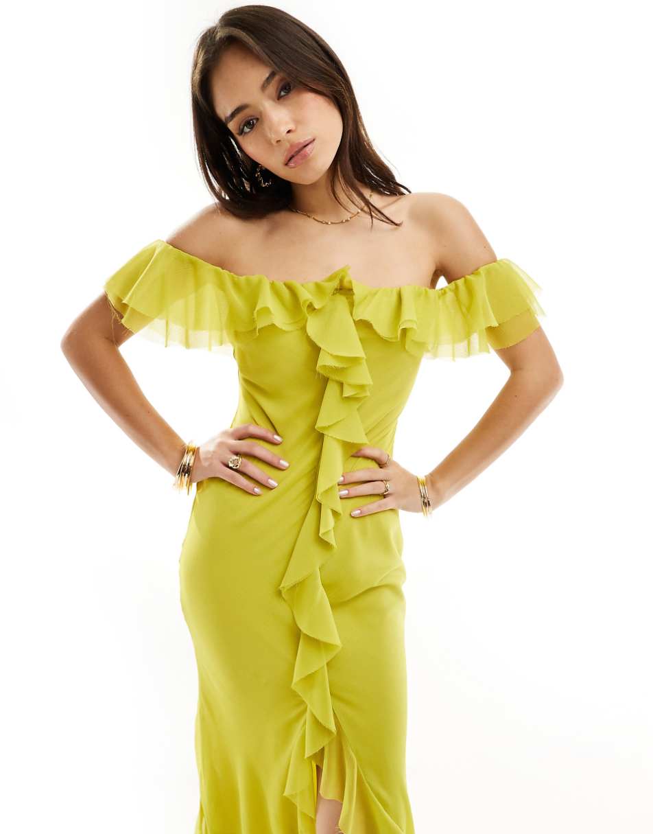 ASOS DESIGN frill bardot bias cut maxi dress in lime green