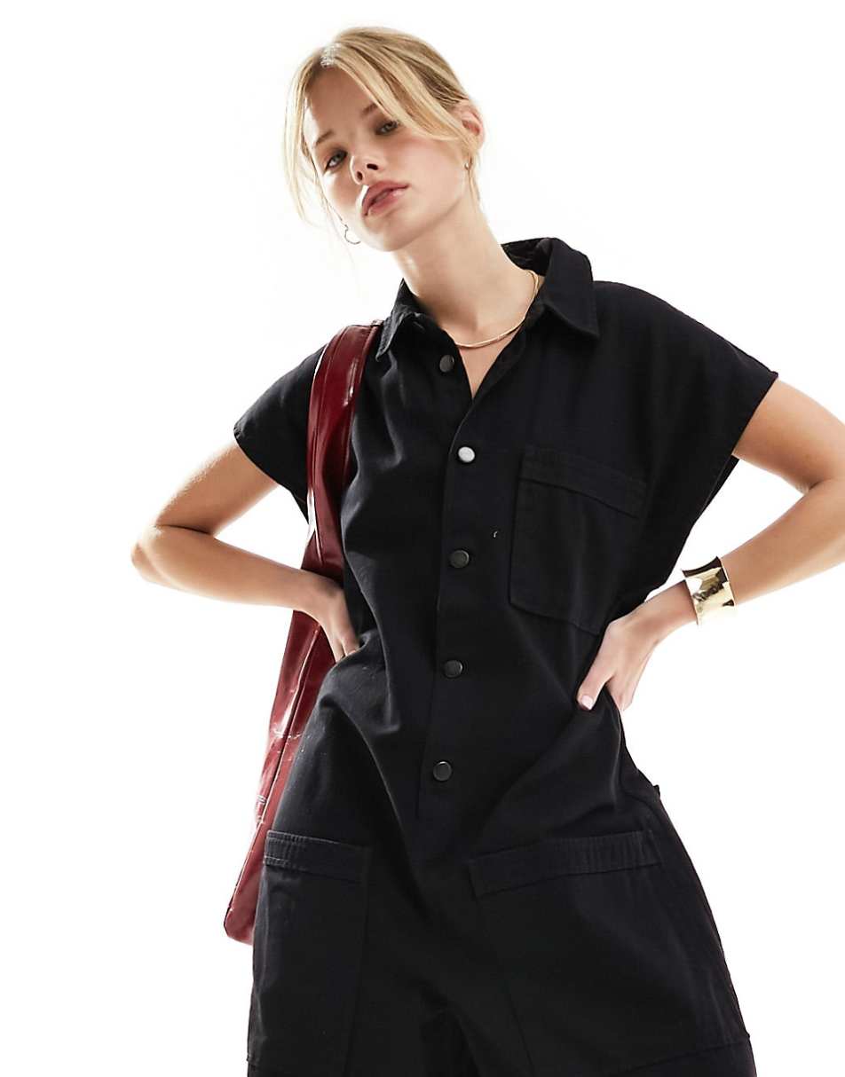 ASOS DESIGN grown on sleeve boiler suit with dropped pockets in black