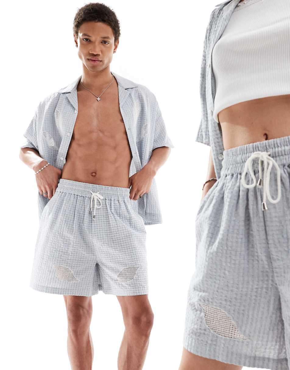 Reclaimed Vintage unisex relaxed boxer shorts with embroidery in blue check - part of a set