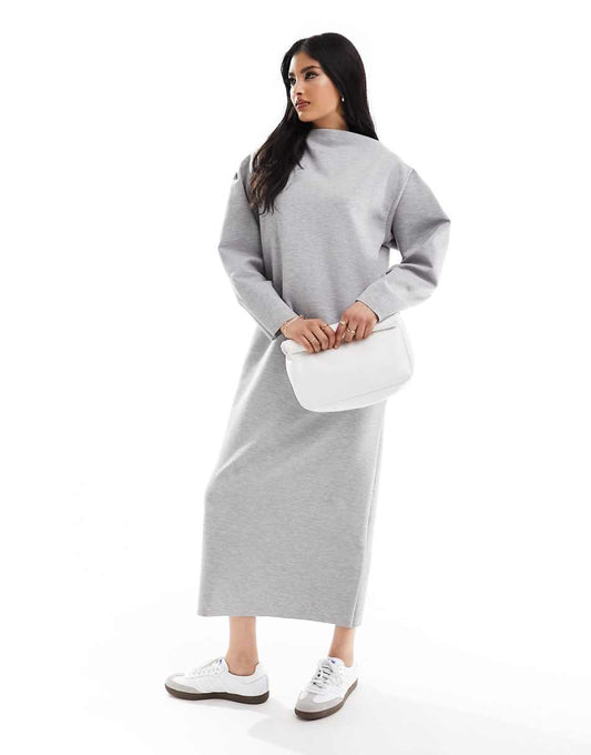 ASOS DESIGN curved boat neck sweatshirt midi dress with long sleeve in gray