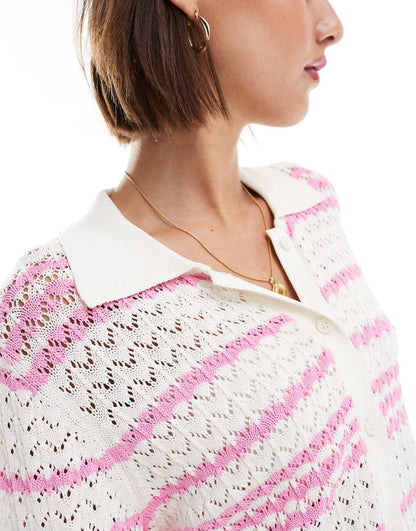 Miss Selfridge crochet contrast polo button through knit shirt in cream and pink - part of a set