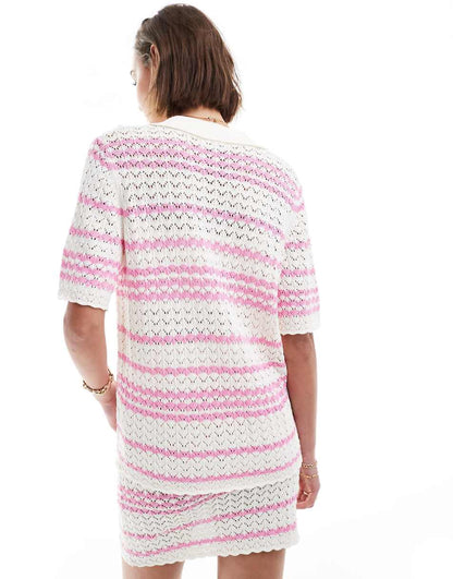 Miss Selfridge crochet contrast polo button through knit shirt in cream and pink - part of a set
