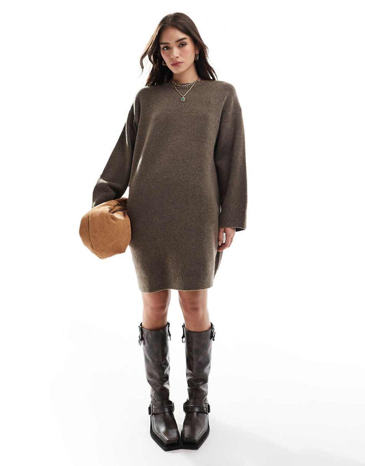 ASOS DESIGN crew neck mini dress with wide cuff in mocha