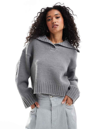 ASOS DESIGN sweater with button neck in gray