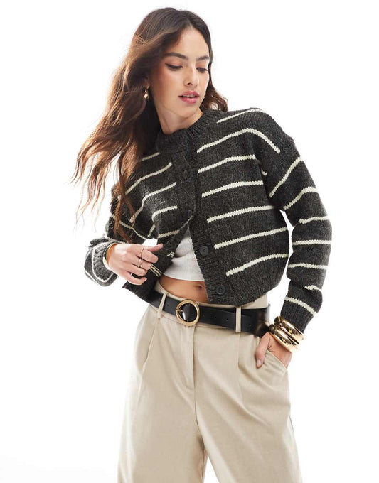 ASOS DESIGN crop crew neck cardigan in charcoal stripe