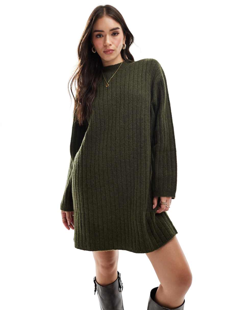 ASOS DESIGN crew neck mini dress with wide cuff in khaki