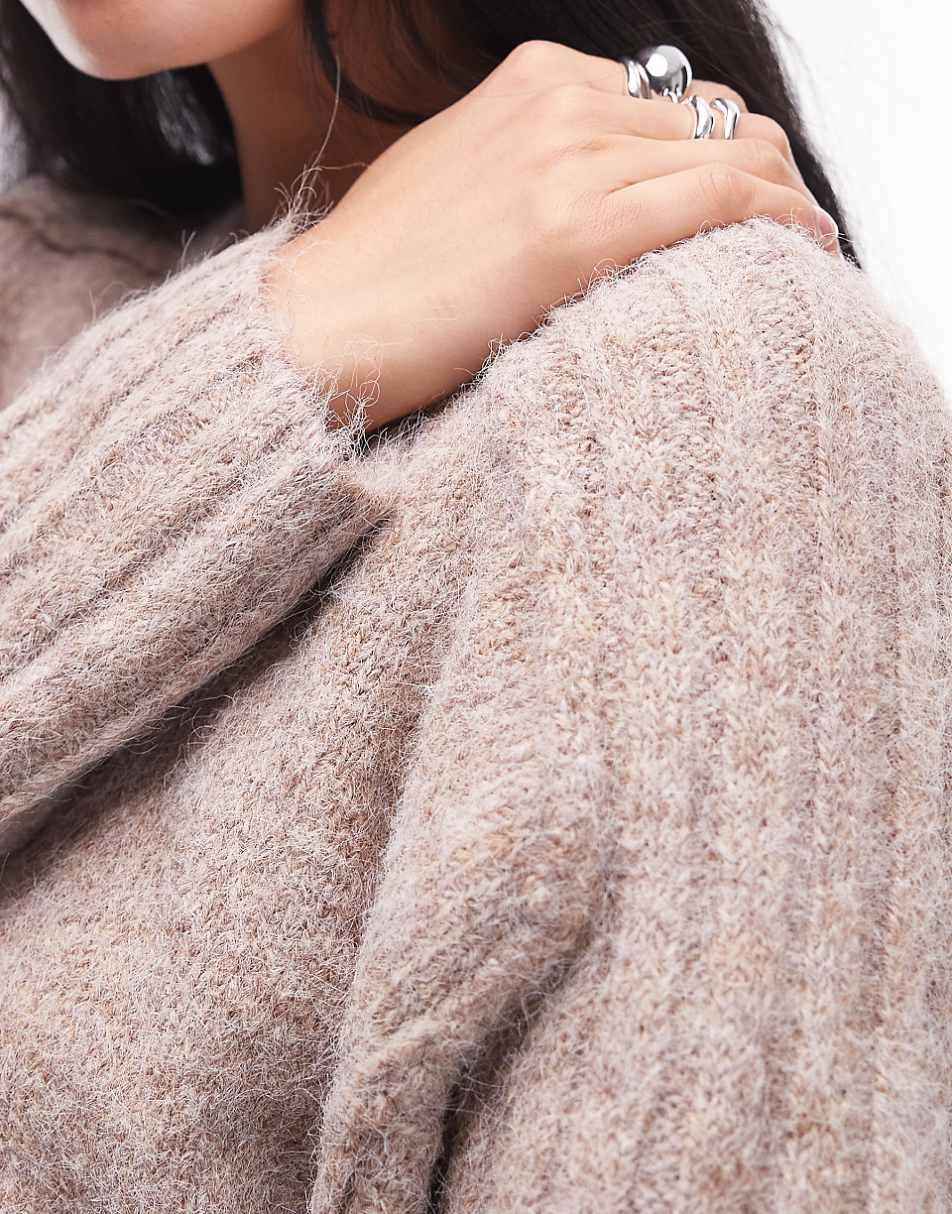 Topshop knit rib detail crew relaxed sweater in mushroom