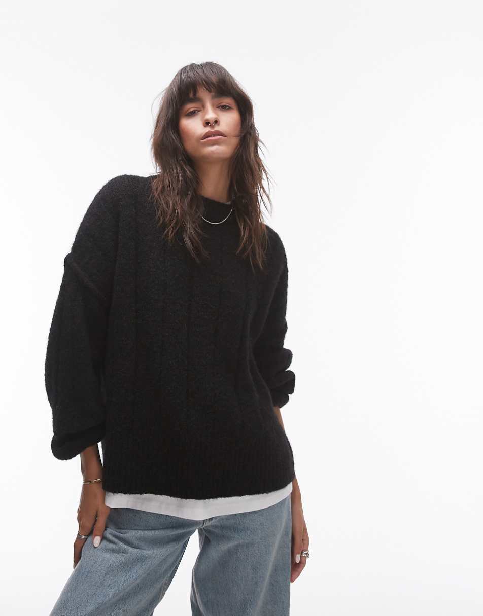 Topshop knit vertical ribbed crew oversized sweater in black