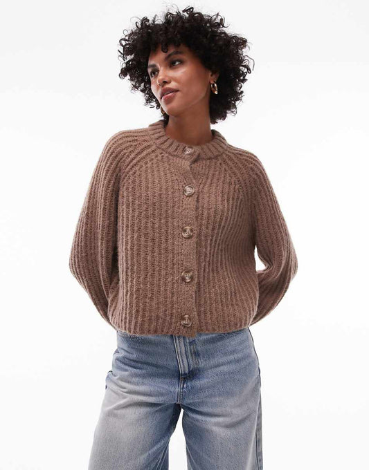 Topshop knit chunky crew neck cardigan in brown