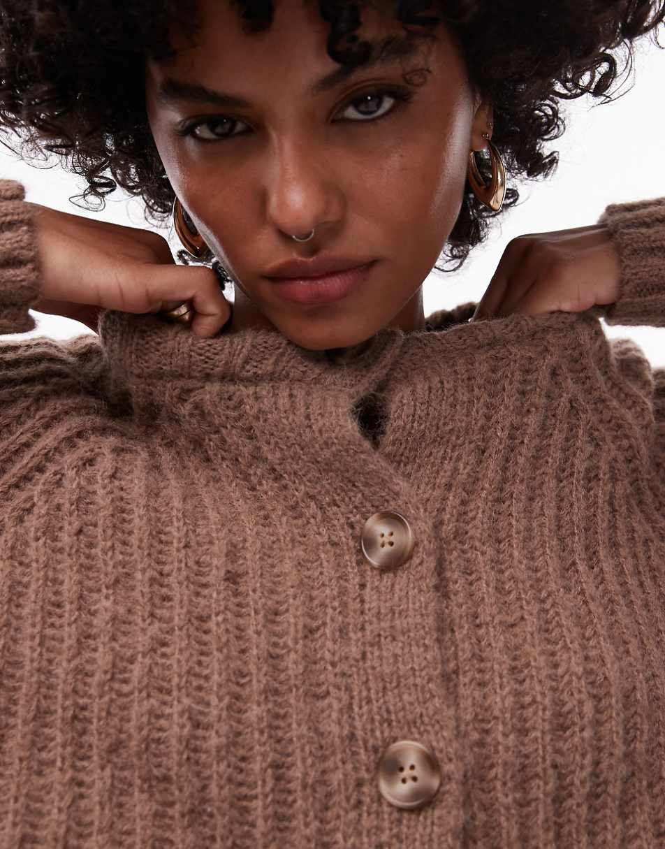 Topshop knit chunky crew neck cardigan in brown