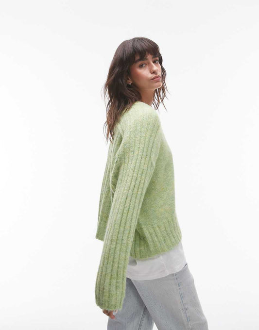 Topshop knit fluffy ribbed detail exposed seam crew oversized sweater in light green