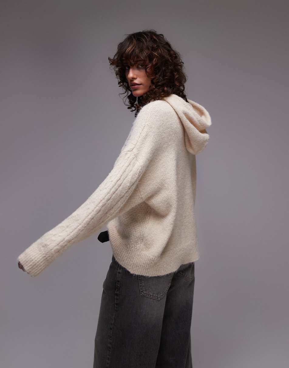 Topshop knitted fluffy hoodie in oat