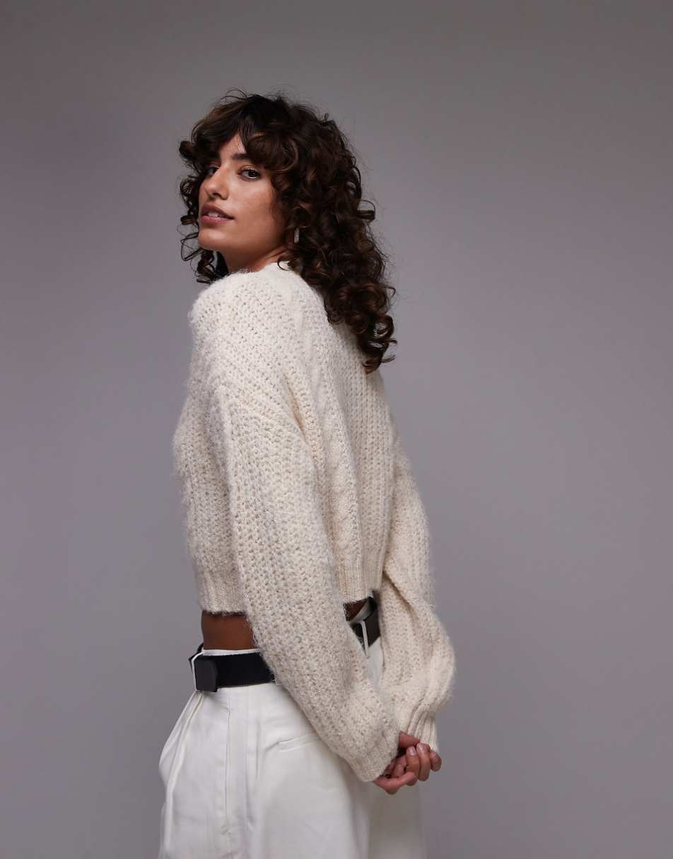 Topshop knitted cropped fluffy cable cardi in cream