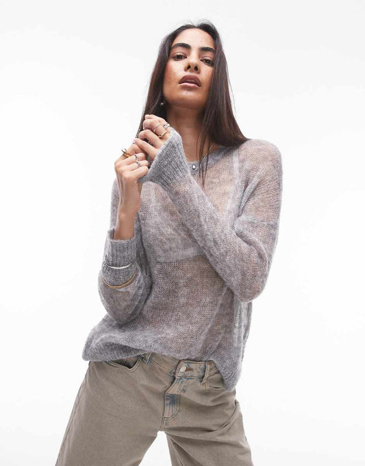 Topshop knit sheer longline sweater in gray