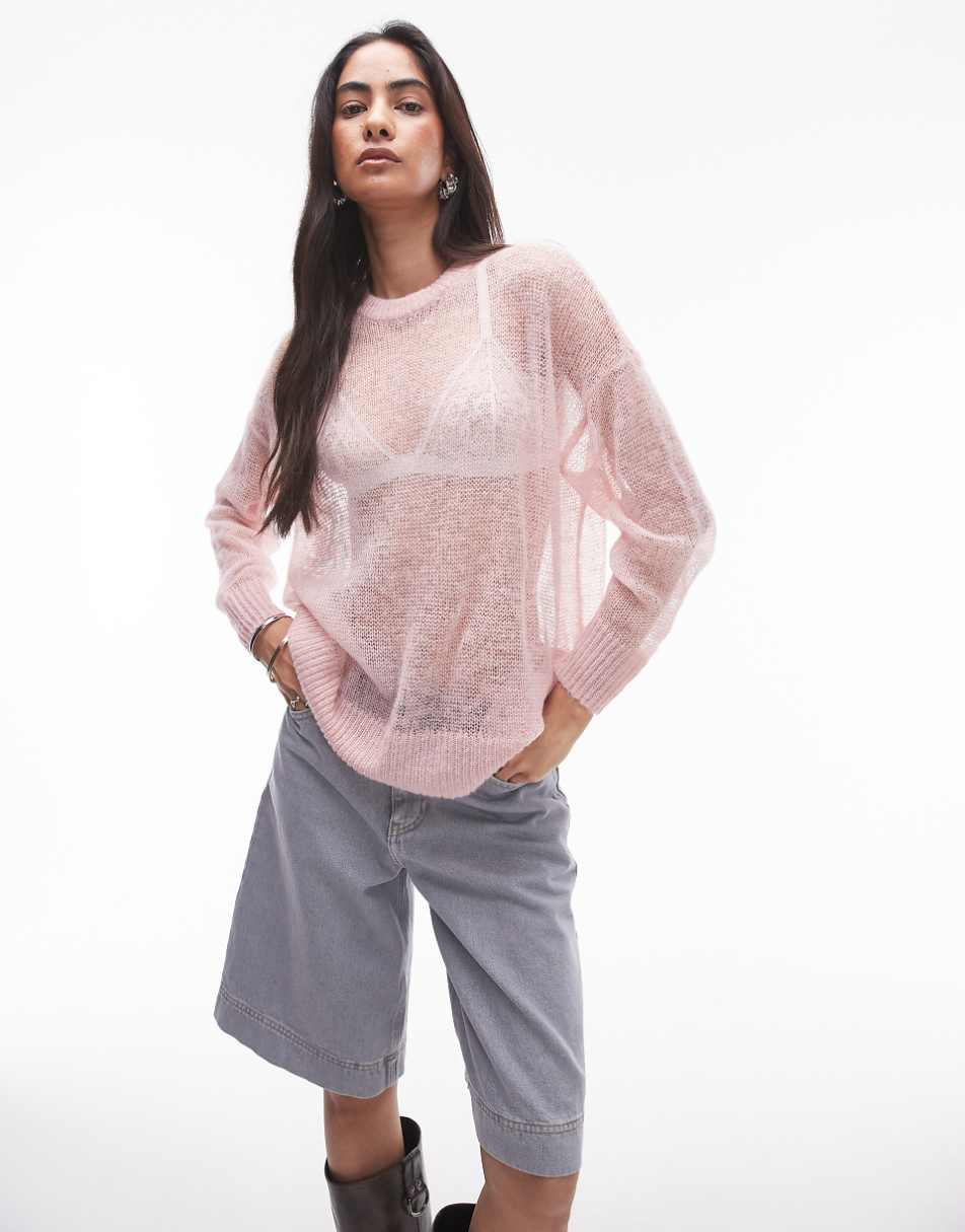 Topshop knit sheer longline sweater in pink