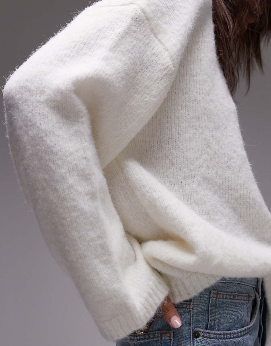 Topshop knit boxy fluffy crew neck sweater in ivory