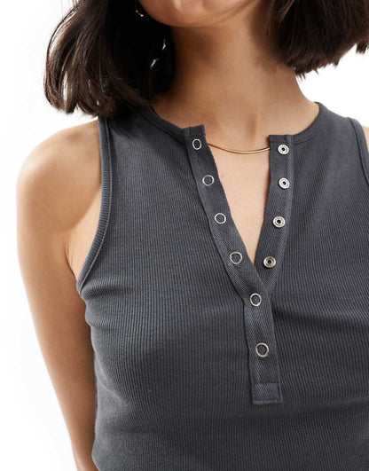 Miss Selfridge sleeveless snap top in charcoal