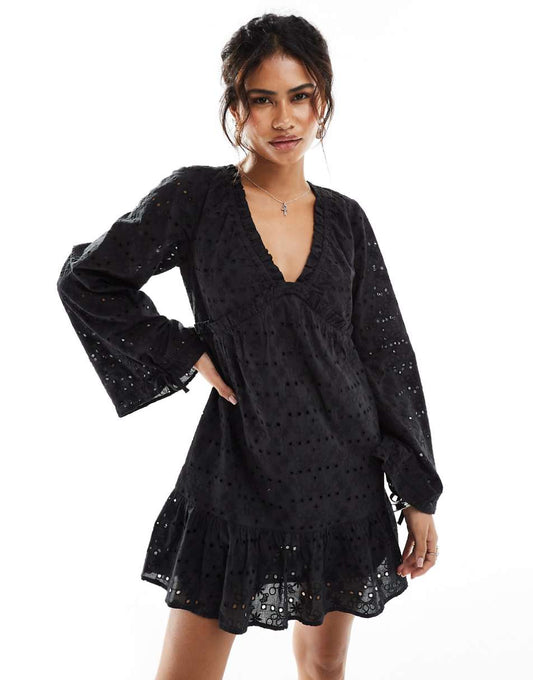 Reclaimed Vintage western eyelet smock mini dress in black