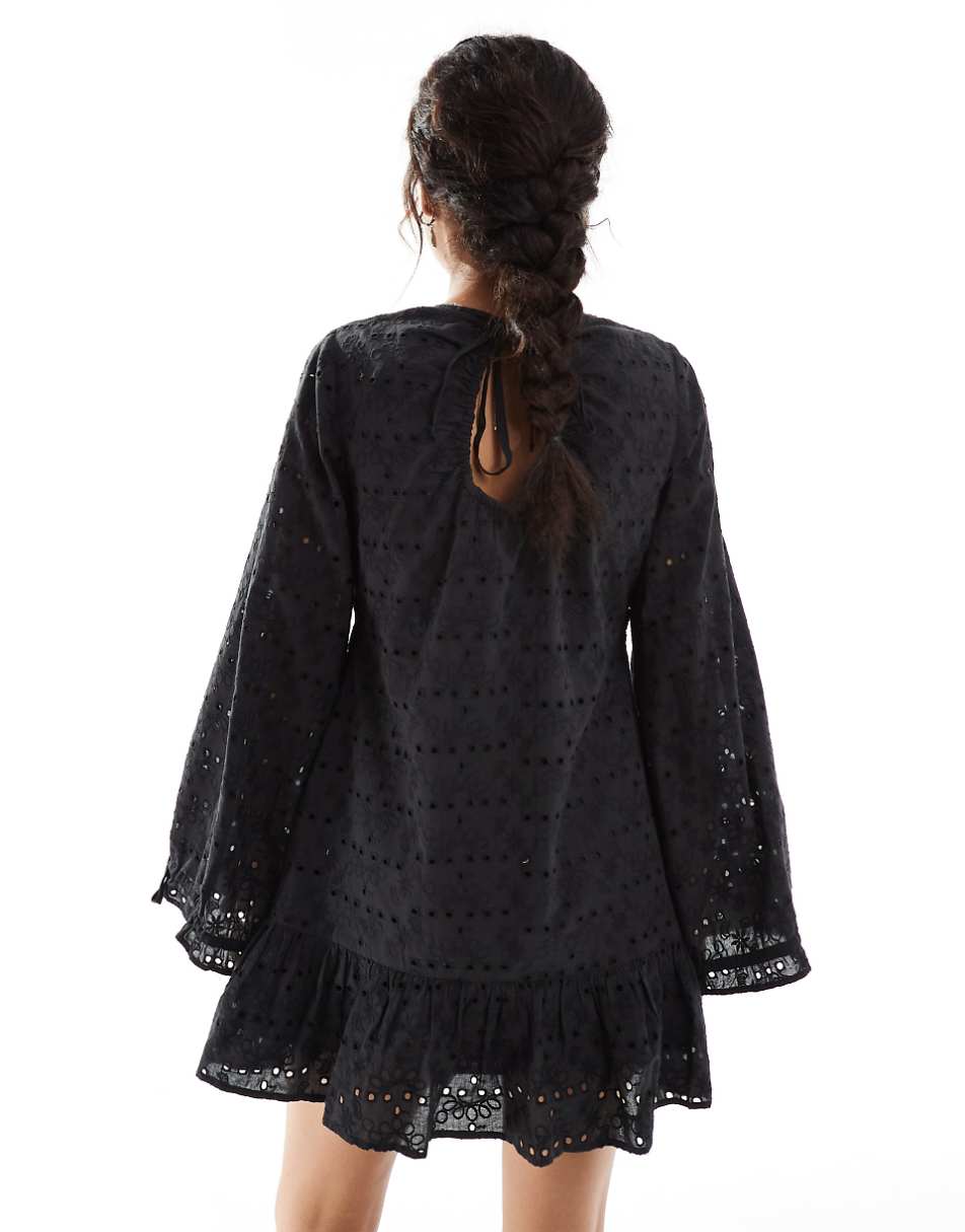 Reclaimed Vintage western eyelet smock mini dress in black