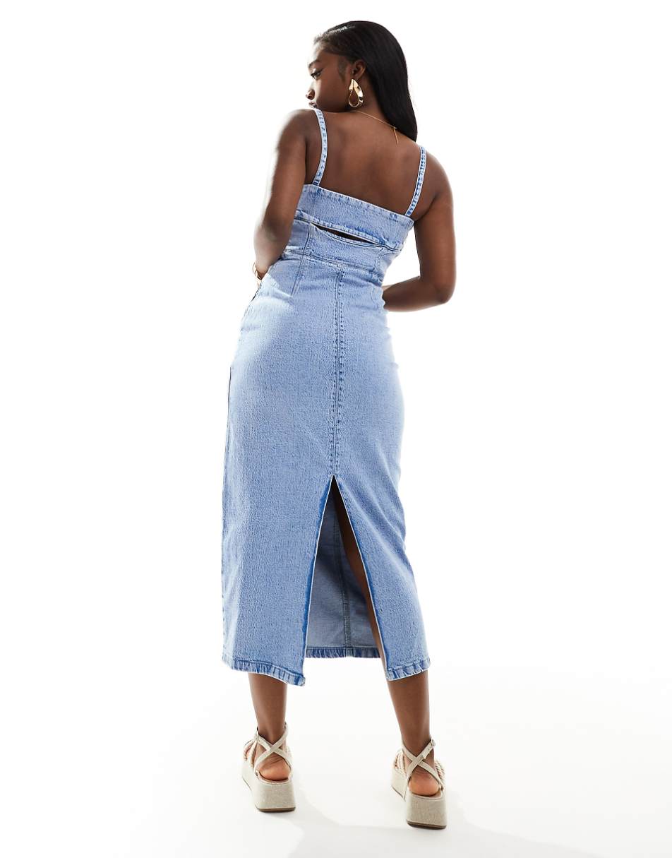 ASOS DESIGN denim midi cami dress with cut out back in bromo wash