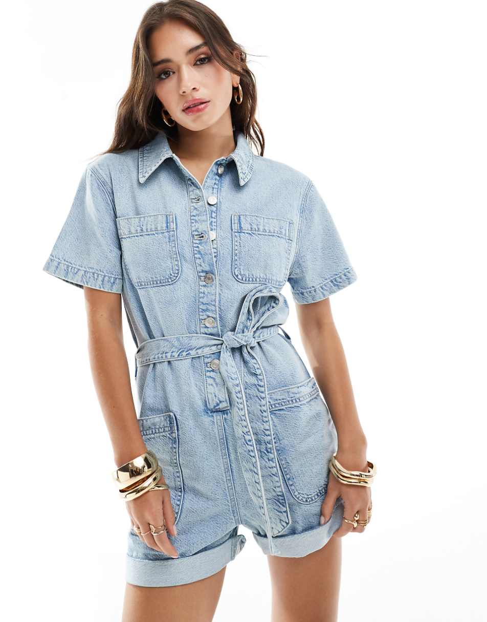 ASOS DESIGN denim boxy romper with belt in light wash blue