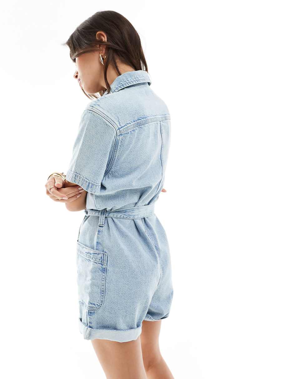 ASOS DESIGN denim boxy romper with belt in light wash blue