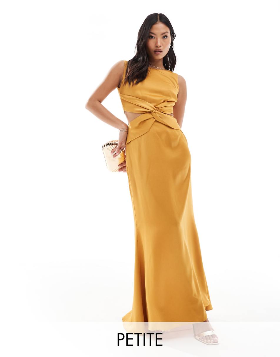 TFNC Bridesmaid Petite deep V back waist cut out satin maxi dress in yellow