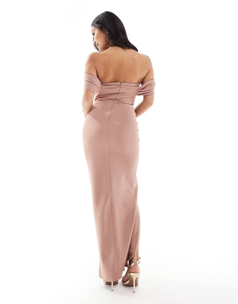 TFNC Bridesmaids Petite off the shoulder maxi dress with pleat in rose brown